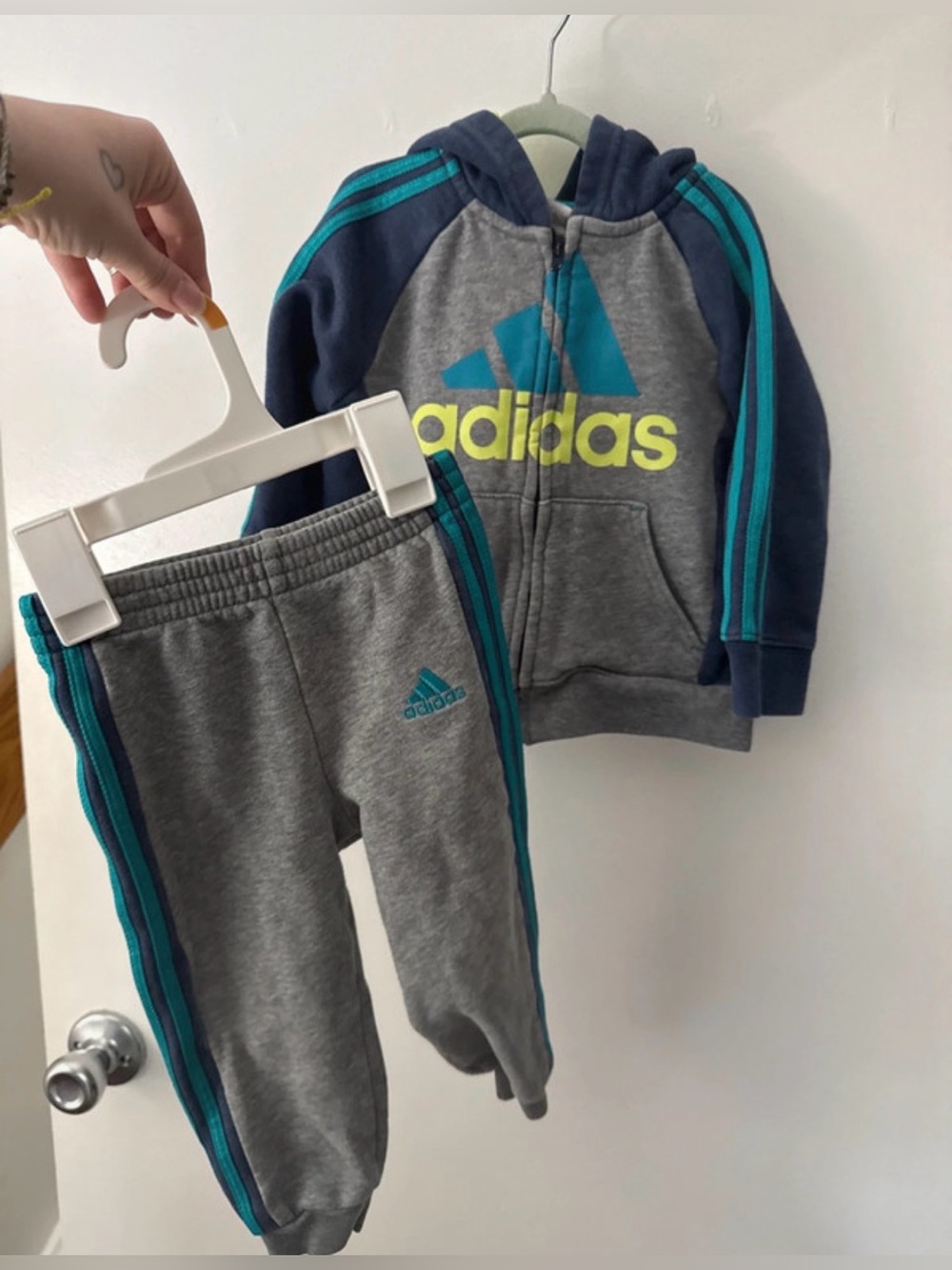 Adidas Kids Grey, Navy & Teal Hoodie and Joggers Set
